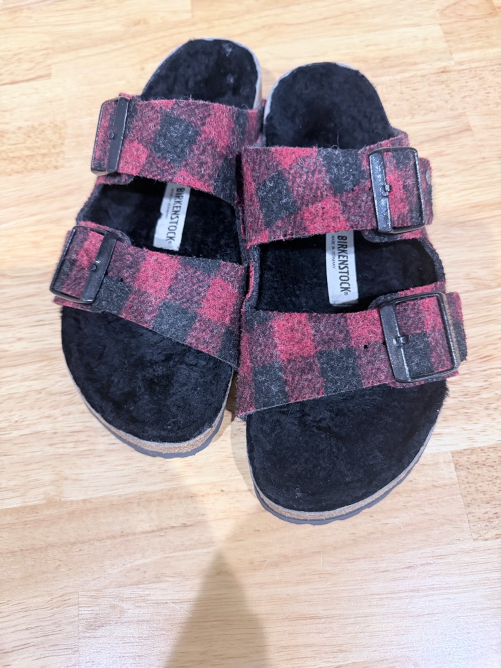 Birkenstock Arizona style Black Footbed with Red & Black Plaid Two-Strap Sandals
